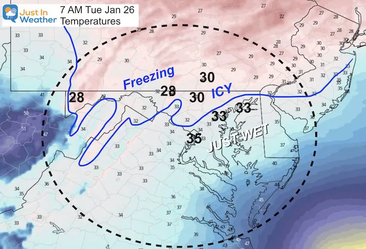 January 24 weather ice storm temperatures Tuesday morning