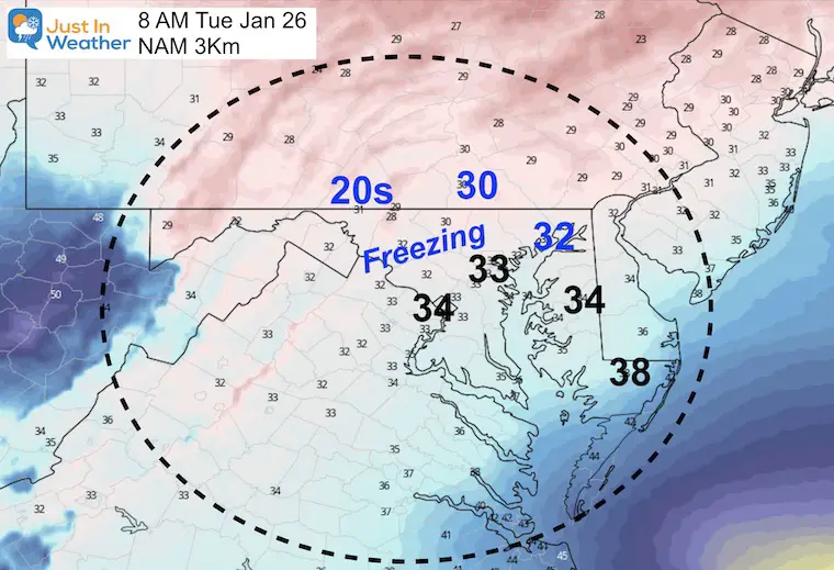 January 24 weather temperature storm Tuesday Morning