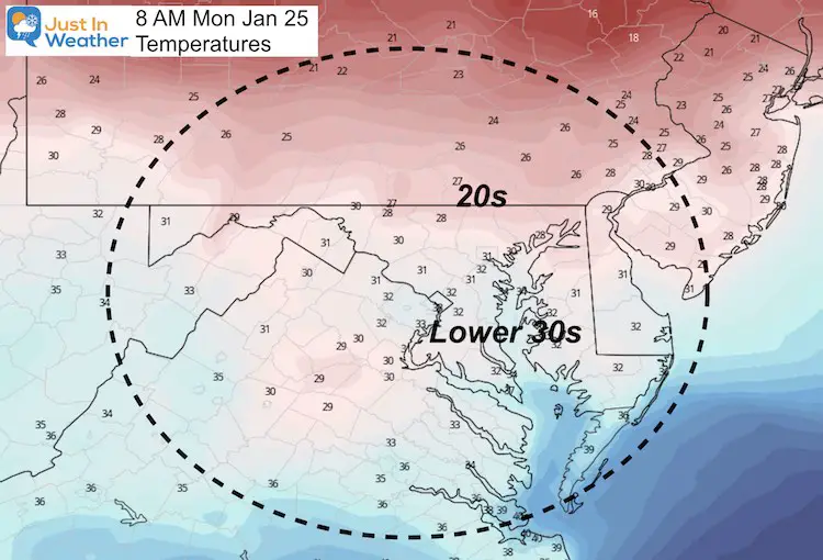 January 24 weather temperatures Monday morning