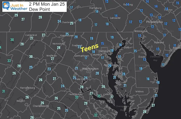 January 25 weather Mondsy 2 PM Dew Point