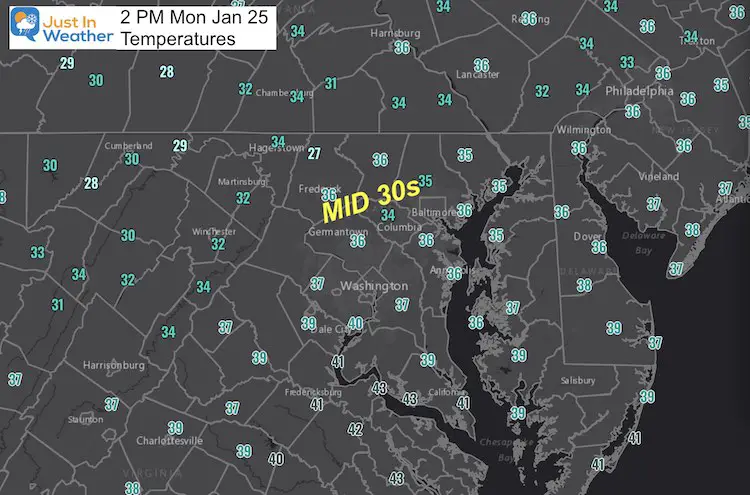 January 25 weather Mondsy 2 PM Temperatures