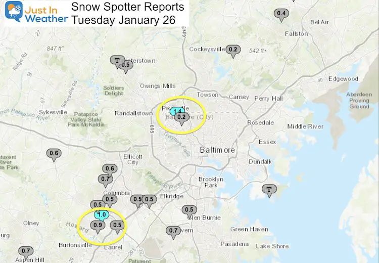 January 26 weather snow reports Baltimore