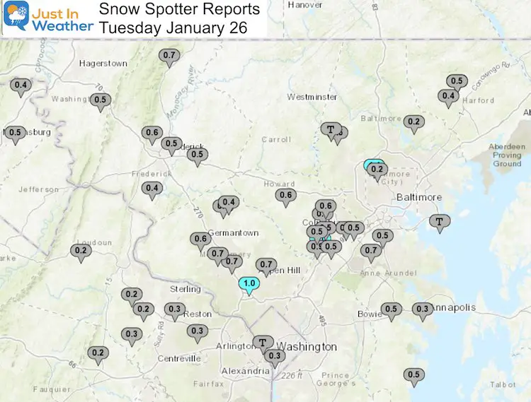 January 26 weather snow reports DC Central Maryland