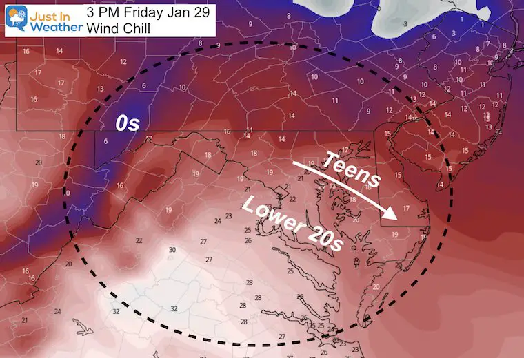 January 28 weather forecast temperature Friday afternoon wind chills