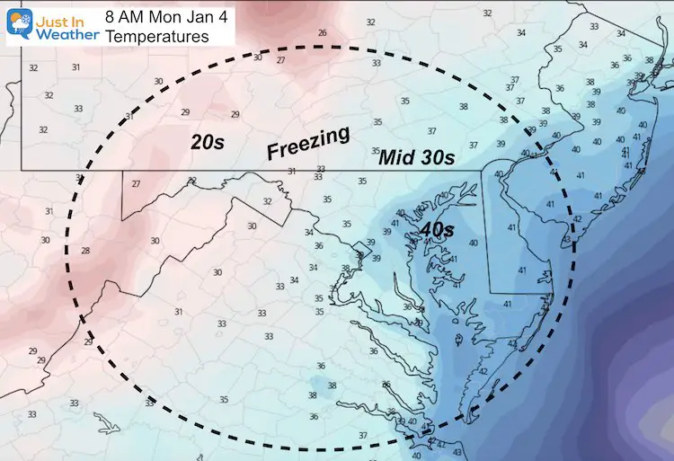 January 3 weather temperature Monday morning