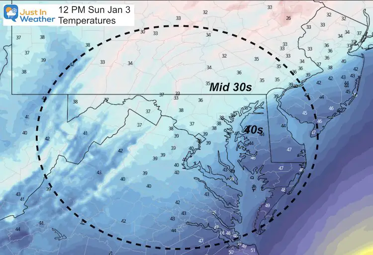 January 3 weather temperature Sunday noon