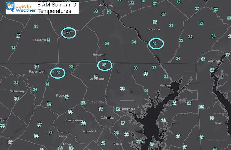 January 3 weather temperatures Sunday 8 AM close