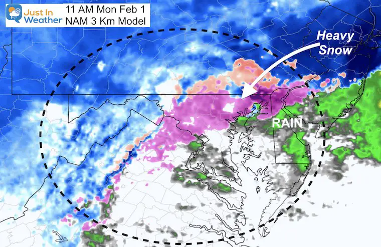 January 30 snow Monday 11 AM NAM 3 Km