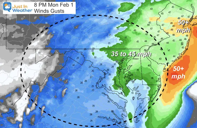 January 30 snow Monday Evening Wind Gusts