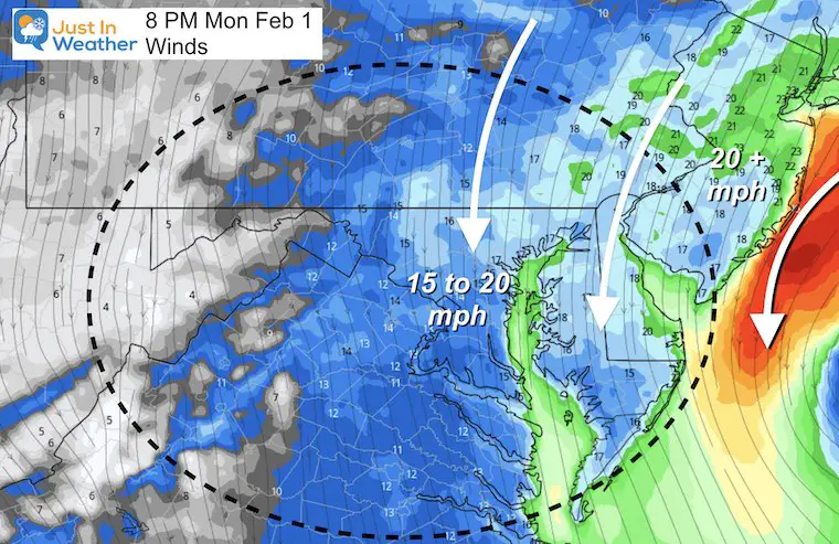 January 30 snow Monday Evening Wind Speed