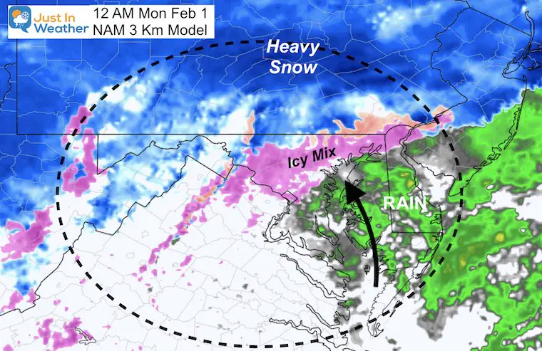 January 30 snow Monday Midnight NAM 3 Km