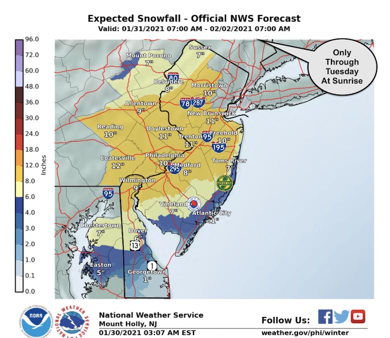 January 30 weather storm snow NWS forecast DE and NJ