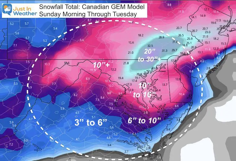 January 30 weather storm snow total forecast Canadian