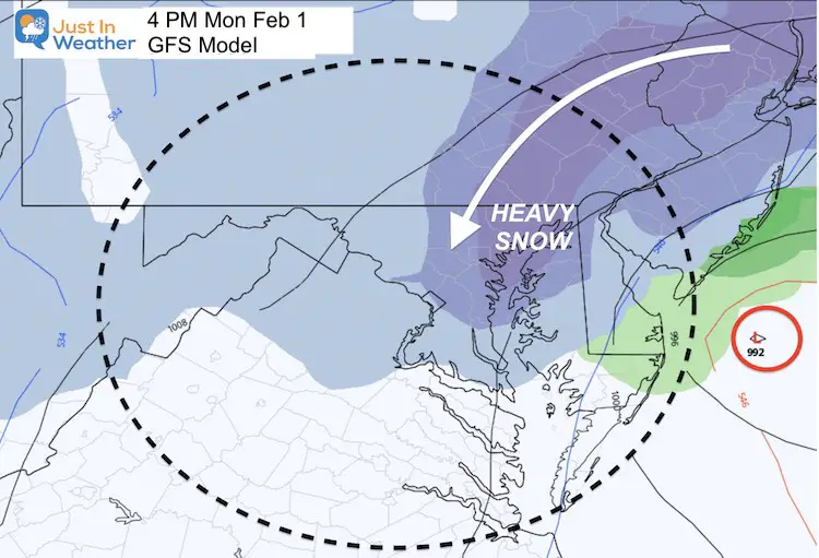 January 31 Snow storm Monday 4 PM GFS