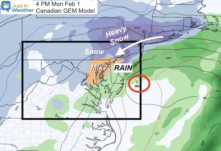 January 31 weather storm Monday Afternoon 4 PM Canadian