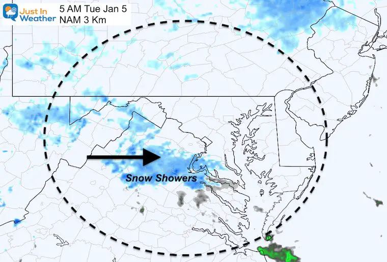 January 4 weather snow Tuesday morning 5 AM