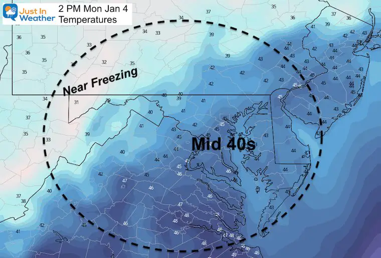 January 4 weather temperatures Monday afternoon