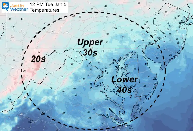 January 4 weather temperatures Tuesday 12 PM