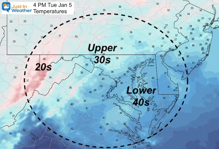 January 4 weather temperatures Tuesday 4 PM