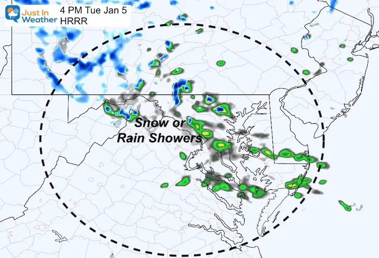 January 5 weather Tuesday afterrnoon snow rain