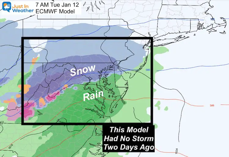 January 7 weather rain snow Tuesday ECMWF