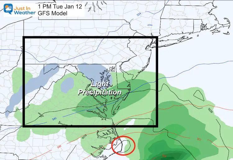 January 7 weather rain snow Tuesday GFS