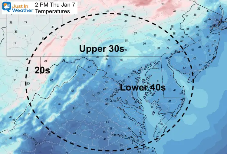 January 7 weather temperatures Thursday afternoon