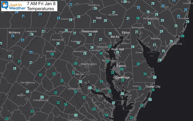 January 8 weather rain snow temperatures Friday morning