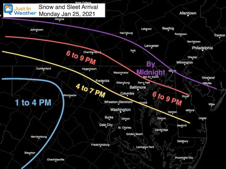 Janury 24 weather snow and sleet arrival Monday