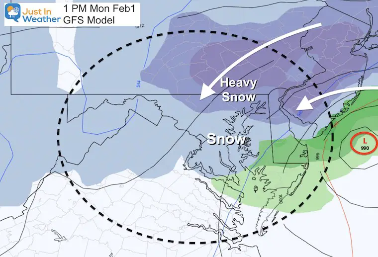 February 1 storm snow Monday afternoon GFS