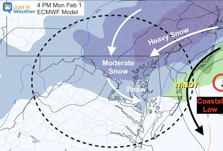 February 1 weather snow storm Monday 4 PM ECMWF