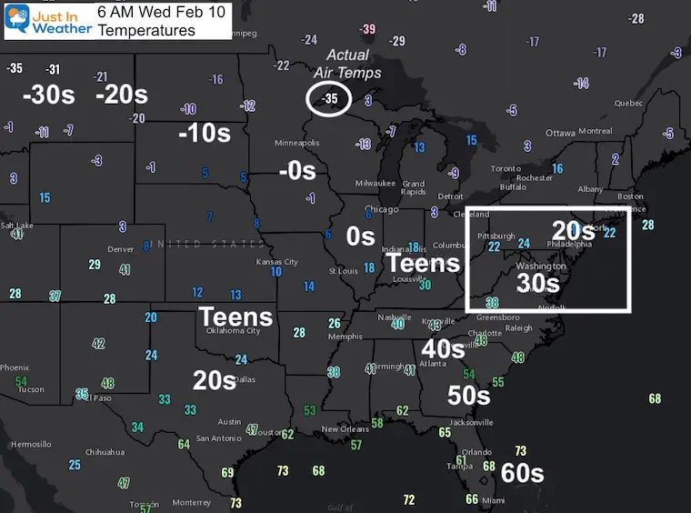 February 10 weather Wednesday morning temperatures