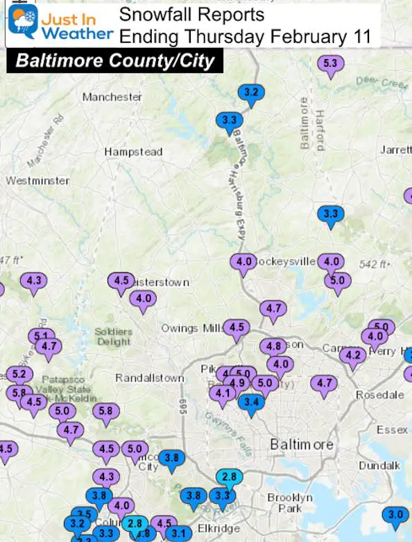 February 11 Snow Spotter Reports Maryland Baltimore