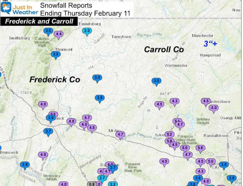 February 11 Snow Spotter Reports Maryland Frederick Carroll