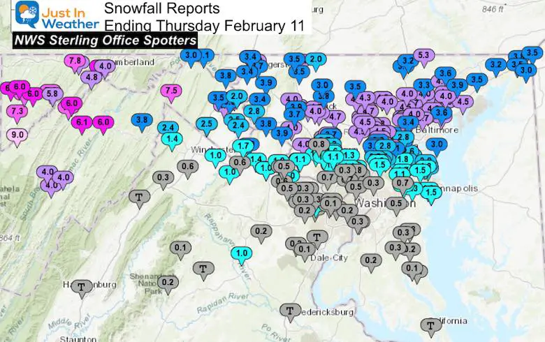 February 11 Snow Spotter Reports Maryland NWS Sterling