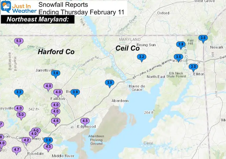 February 11 Snow Spotter Reports Maryland Northeast