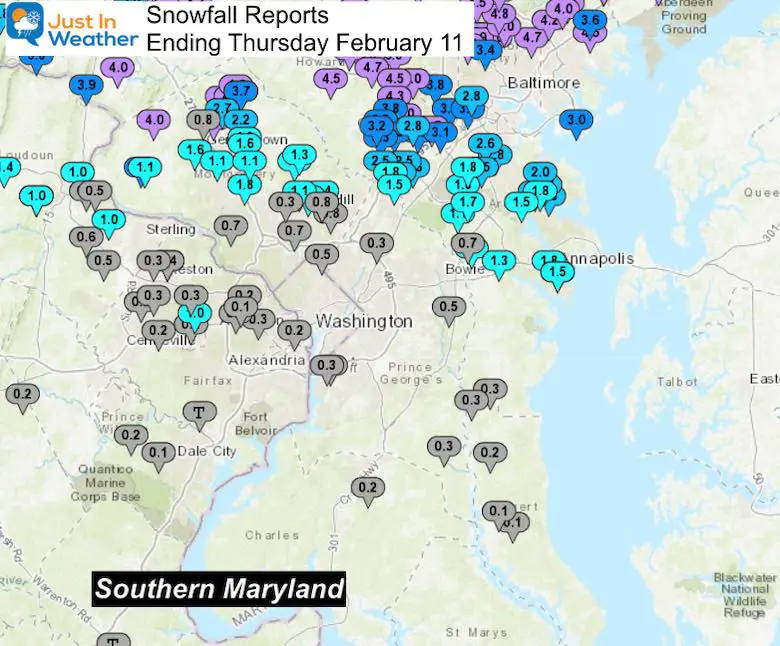 February 11 Snow Spotter Reports Southern Maryland