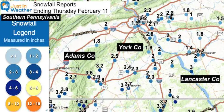 February 11 Snow Spotter Reports Southern Pennsylvania