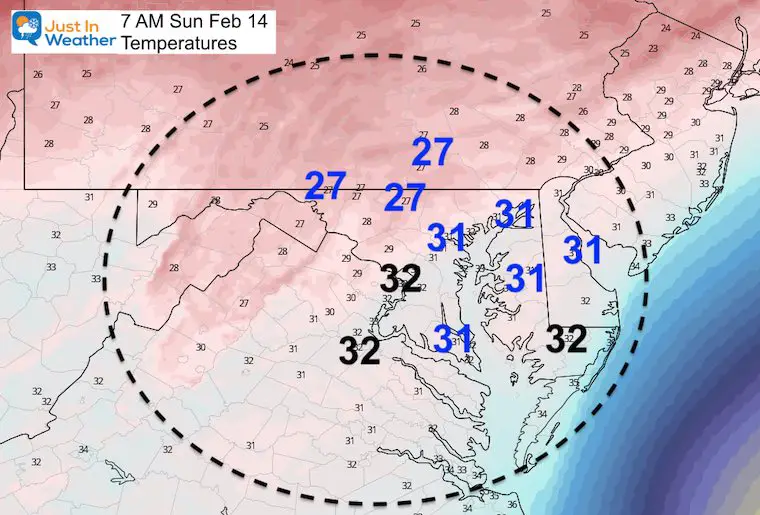 February 12 weather Sunday morning Temperatures