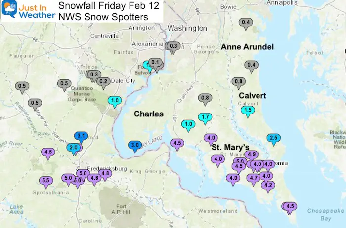 February 12 weather snow reports Southern Maryland
