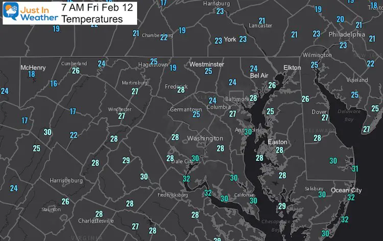 February 12 weather temperatures Friday morning