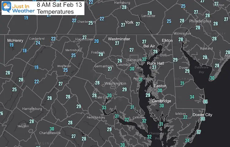 February 13 weather Saturday morning temperatures
