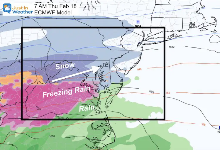 February 14 weather Thursday snow ice