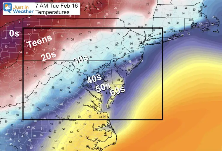 February 14 weather Tuesday morning Temperatures