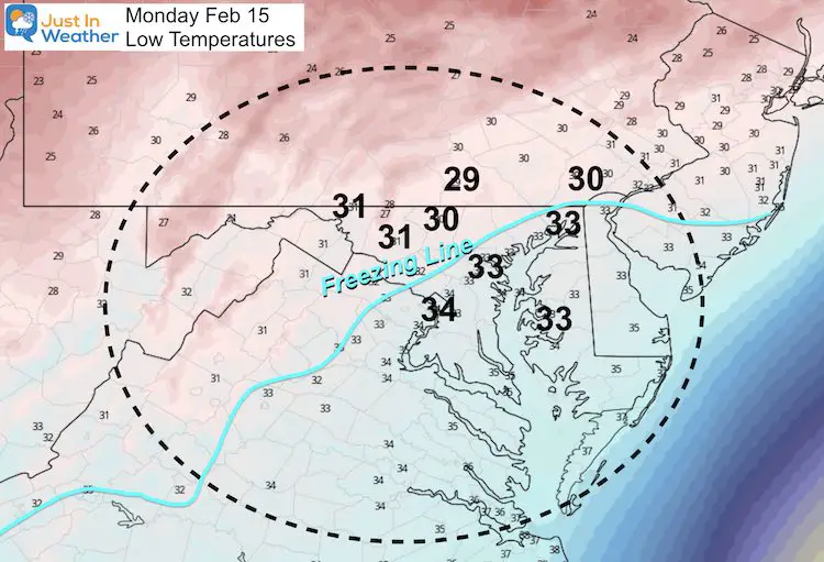February 14 weather temperature Monday morning