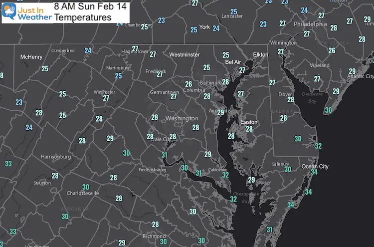 February 14 weather temperature Sunday morning