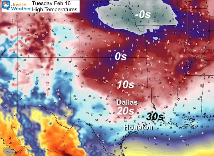 February 15 temperature Texas Tuesday Afternoon