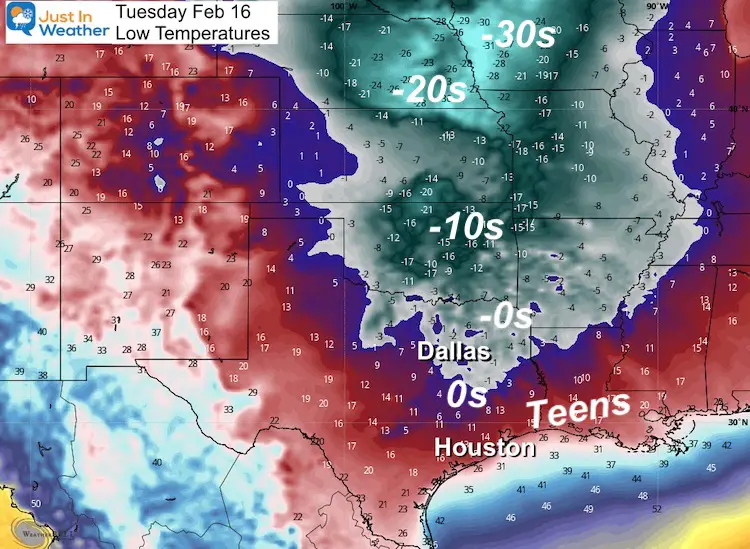 February 15 temperature Texas Tuesday morning
