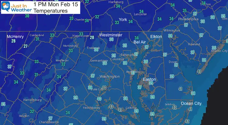 February 15 weather 12 PM Monday temperatures