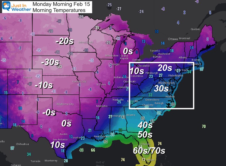 February 15 weather Monday morning temperatures